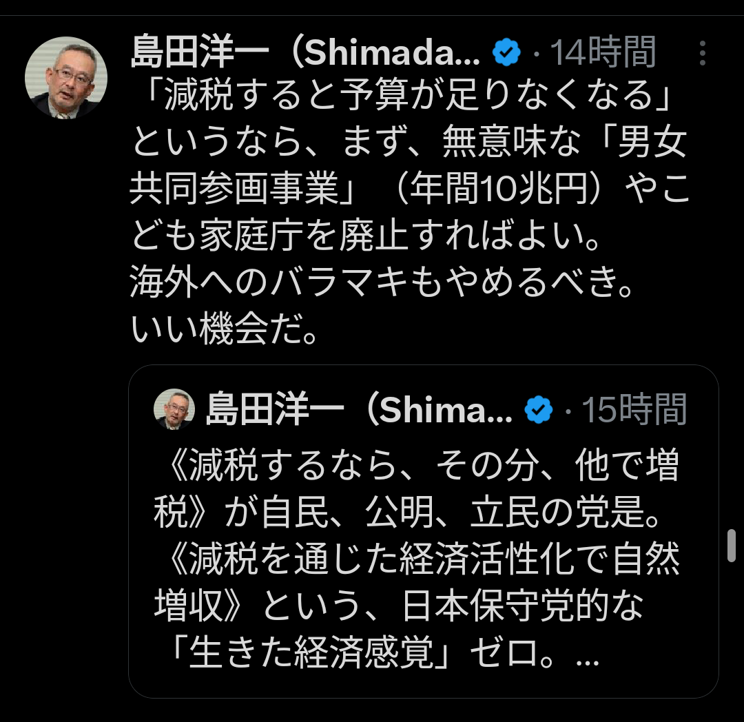 「減税すると予算が足りなくなる」というなら「男女共同参画事業」やこども家庭庁を廃止すればよい。