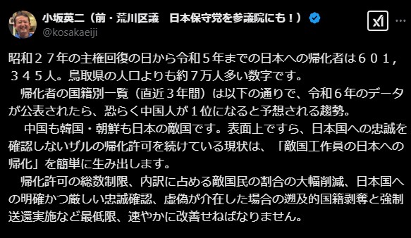 小坂英二氏、帰化制度見直し提案―日本保守党の移民政策強化