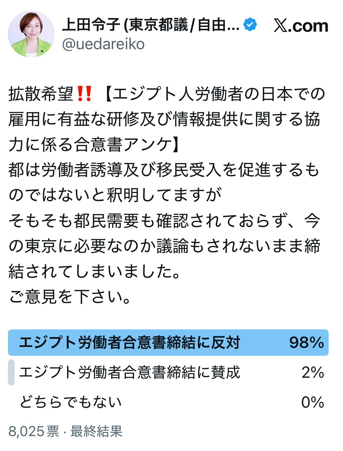 東京都とエジプト労働者合意に反対98% 上田令子都議が公表 小池都政に説明責任